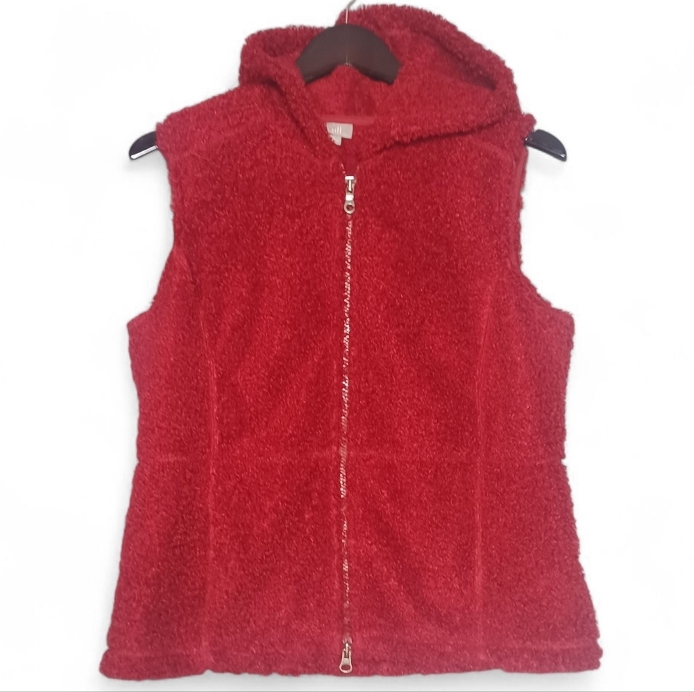 J. Jill Womenโs Hooded Sherpa Teddy Fleece Zip Red Vest Size Small Cozy Layering